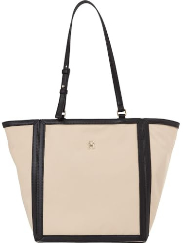 Tommy Hilfiger Damen TH Essential S Tote CB AW0AW15698 Tragetasche, Beige (White Clay/Black)