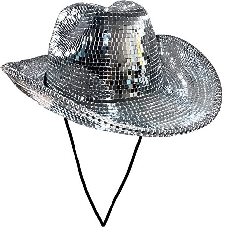 BINGONE Silber Disco Cowboy Hut für Frauen, Glitzer Weltraum Cowboyhut für Party Nachtclub Tanz