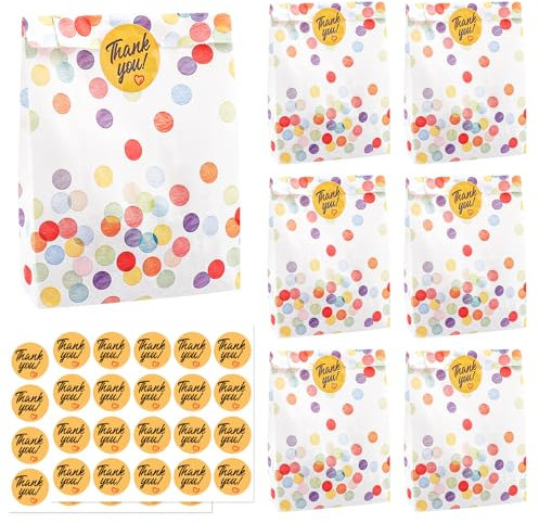 ENLACE 30 Stück Geschenktüten mit 40 Aufkleber, 19 x 13 x 3,5 cm Papiertüten Kindergeburtstag, Mitgebsel Tüten Geburtstagstüten für Hochzeit, Party, Kindergeburtstag, Feiern, Runde Punkte