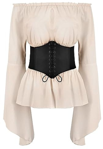 FYMNSI Damen Renaissance Bauernbluse Schulterfrei Tops Trompeten?rmel Gothic Boho Bluse Mittelalter Gesmokt Langarmshirt mit G?rtel Korsett Pirat Steampunk Wikinger Kleidung Kost?m Halloween Beige L