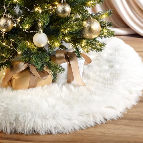 MACTING Faux Fur Christmas Tree Skirt 30 Inch White Plush Skirt Fluffy Soft Double Layer Small Tree Mat Base Cover for Merry Christmas Party Holiday Home Indoor Xmas Tree Decorations