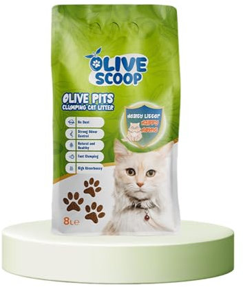 OLIVE SCOOP Natural Clumping Cat Litter, 8L - Olive Pits, Biodegradable, Dust-Free, Eco-Friendly, Unscented, Hypoallergenic, Odour Control, Safe for Kittens & Adult Cats