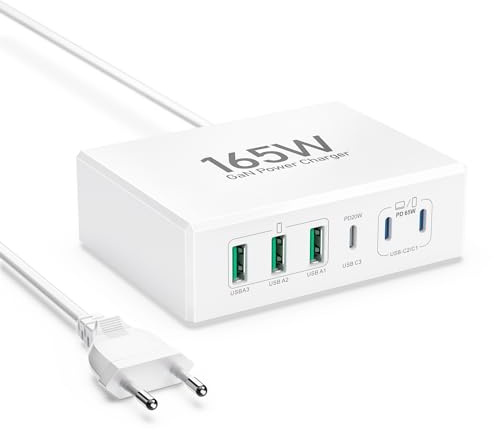 USB C Ladegerät 6-Port, 165W USB Netzteile GaN PD 3.0 ladegerät USB C mit USB A Netzstecker für iPhone 16/15/14/13/12 Pro Max, MacBook Pro Air, Samsung S24/S23/S22, USB C Adapter Laptop Ladenetzteile