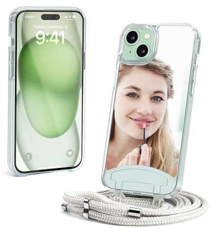 Lawonda Hülle für iPhone 15, Spiegel Handyhülle Geeignet für Make-up,Selfie Handykette mit abnehmbarem Band Hülle Seil Verstellbarer Halskette Handyhülle mit Kordel Tasche Schutzhülle Silber