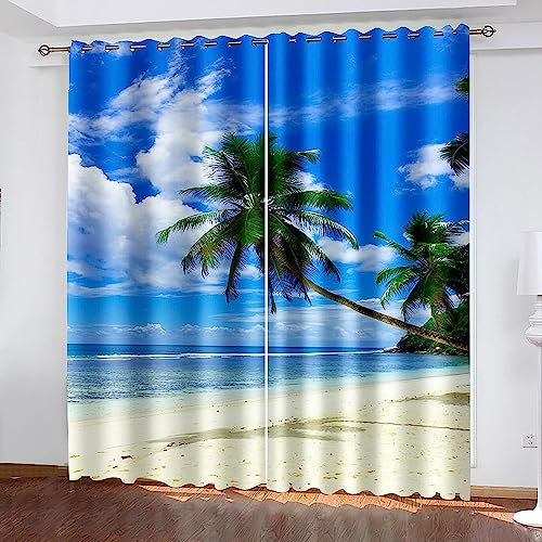 Kinder Vorhänge Schlafzimmer Blauer Himmel Strand Kokospalme Schiebegardinen Blickdichter Bedroom Children'S Room Vorhang Mit Ösen Verdunkelungsgardine, Vorhänge 3D Wohnzimmer 2 X 280 B X 300-6Z7O3L1D