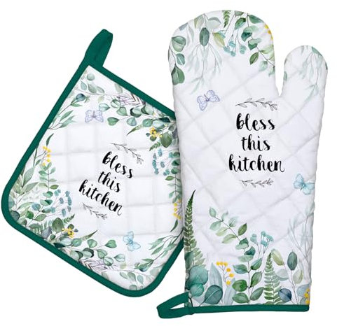 Arquiel Guanti Da Forno Presina Set Di 2, 100% Cotone Addensare Guanti Da Forno A Microonde, Presine Da Cucina Morbida Resistenti Al Calore Per Arrostire, Cuocere（Foglie di eucalipto）