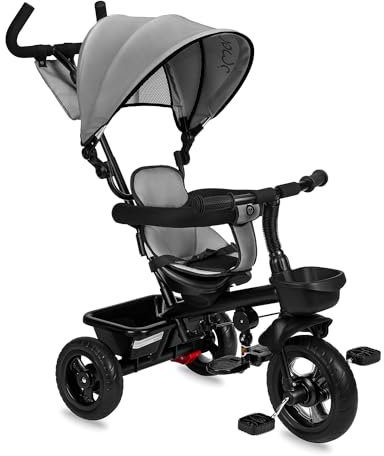 MoMi TELDE 5-in-1 Kinderdreirad, Tricycle mit 360°-Sitz mit 3-Punkt-Sicherheitsgurt, Fußstütze, Sonnendach, PU-Räder, Schiebegriff, Transportablage für Spielzeug