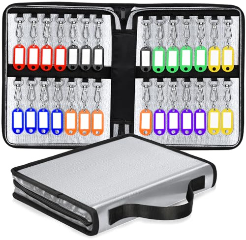 ONEKERUN Portable Zippered Key Case Bag Wall Mounted Key Cabinet Waterproo Key Organizer Fireproof Key Storage Book with 28 Key Tags for Offices Hotels Real Estate Rental Management (Gray)