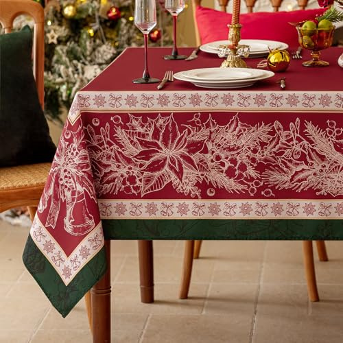 Romanstile Weihnachts Tischdecke 140x240 cm rot mit Blumen abwischbar,wasserabweisend Tischtuch Tablecloth Weihnachtsdeko für Xmas,Party,Geburtstag,Neujahr,Esstisch,Silvester,Restaurant,Feste,Neujahr