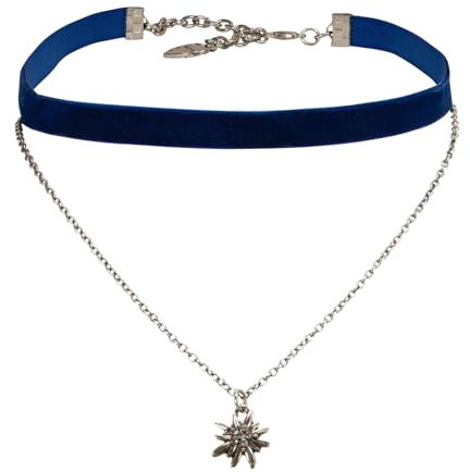 Alpenflüstern Trachten-Samt-Kropfband Strassedelweiss-Kette - nostalgische Trachtenkette enganliegend, Kropfkette elastisch, Damen-Trachtenschmuck, Samtkropfband schmal (blau) DHK332