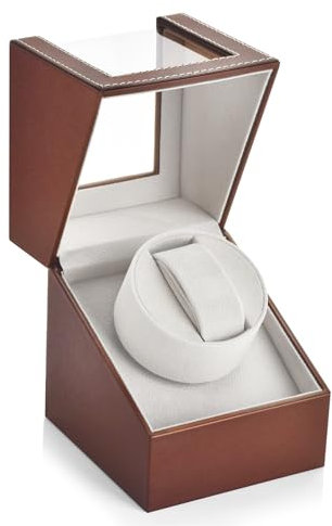 Bluvizo Automatic Single Watch Winder: Watch Rotator Display Case for Mechanical Watch Quiet Winding Box for Women and Men AC Adapter or Battery Powered Brown Leather