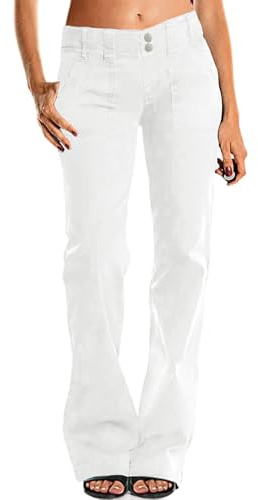 Sawmew Pantalones Rectos Pantalones Vaqueros Vintage Holgados Vaqueros Desgastados Vaqueros de Talle Bajo para Mujer con Tira de Botones Vaqueros Cargo con Bolsillos Vaqueros Bootcut Pantalones(White,