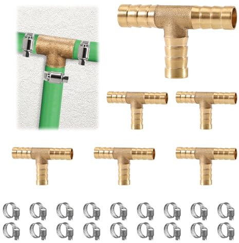 ASOFTY 6 Pièces Raccord de Tuyau en Forme de T, Connecteur de Tuyau de Carburant en T avec 18 Colliers de Serrage, Connecteur de Tuyau en Laiton pour Carburant, Gaz, Eau (12MM)