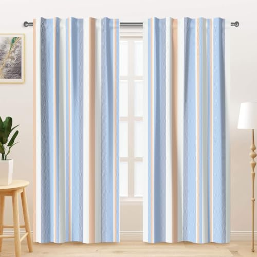Kzzfqxb 132x214cm Rideaux Modernes 2 Panneaux, Bleu Blanc Jaune Rayé Couleurs Unies Style Nordique Simple Drapés De Fenêtre pour Salon Chambre Marine Uniforme Style Marin Nautique