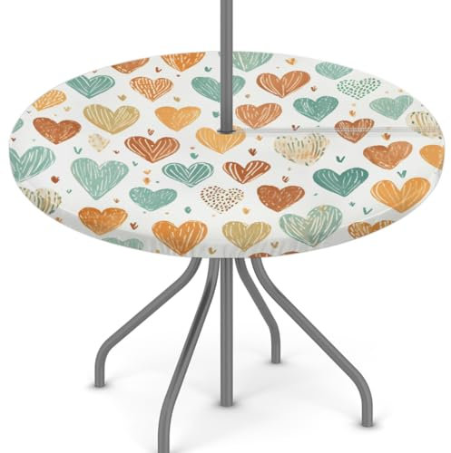 Woltant Nappe ronde avec trou de parasol et fermeture éclair facile à nettoyer avec bords élastiques pour jardin, terrasse, barbecue (cœur)