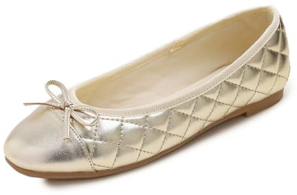 Feversole Damen Klasssische Ballerinas Lack Balerinaschuhe Flach Damenschuhe Gold Zehenkappe EU 37.5