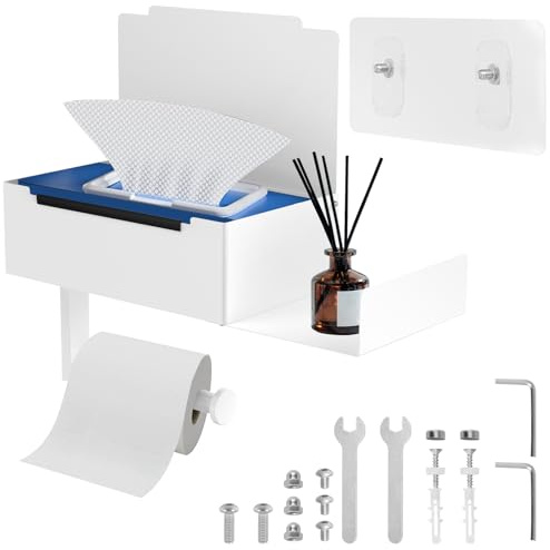 harupink Portarrollos de papel higiénico sin necesidad de taladrar, con caja para toallitas húmedas y estante, 2 métodos de montaje, sencillez, duradero, soporte para papel de inodoro, baño, cocina