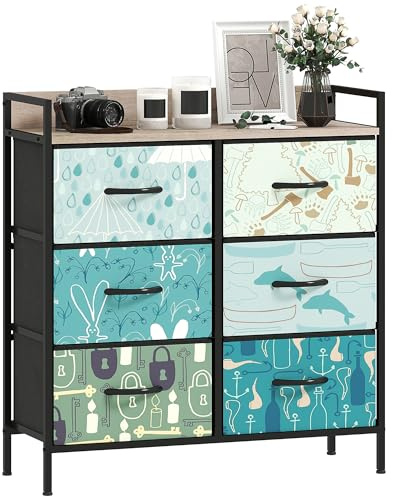 HOMCOM Schlafzimmer Kommode Kommode Stoffkommode mit 6 Schubladen, offenes Regal und Stahlrahmen für Wohnzimmer, Flur, Blau
