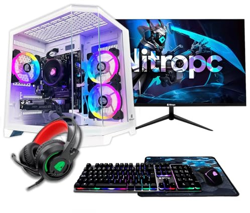 NitroPC - Pack Avanzado | PC Gaming Completo (AMD Ryzen 5 5500 4.2GHz, RTX 3050 8GB, RAM 16GB, M.2 1TB, Windows 11 Pro, RGB | WiFi, Monitor 24, Teclado, ratón, Auriculares) PC sobremesa (Blanco)
