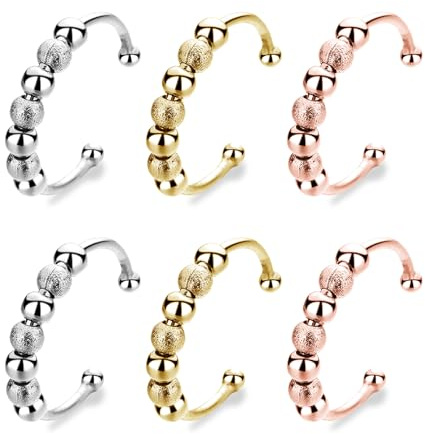 Takone, 6 anelli antistress in acciaio inox, regolabili con perle, effetto opaco migliorato, per donne, ragazze, ADHD e sollievo dall'ansia