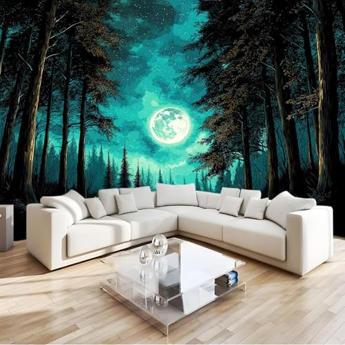 Dunkelgrün Fototapete Vliestapete, Wanddekoration mit 3D Effekt (250 x 175 cm (B x H) - Fantasie Wald Mond Wandtapete Panorama Tapete für Mädchen & Jungs Wohnzimmer Schlafzimmer