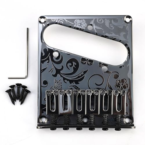 OVSAL 10.5mm Engraved Stainless Steel Fixed Electric Guitar Bridge Single Pickup Hole 6-string Guitar hardtail Bridge for Telecaster Tele TL Style Electric Guitar Replacement Parts (Black)