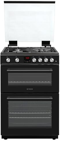 Teknix TKGD60B 60cm Gas Cooker with Lid – Freestanding Double Oven & Grill, 4 Burner Hob, LPG Convertible, Cast-Iron Pan Supports, Easy Clean, Black – A+ Energy Rated
