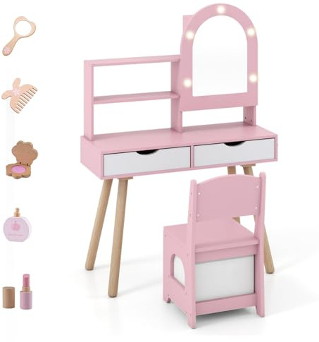 LIFEZEAL Specchiera Trucco per Bambina 3+Anni, con Luci, Sgabello, Sedia, Specchio, Tavolo Toeletta, Postazione Makeup, con 3 Cassetti, Armadietto, Mensole, Accessori, in Legno, Cameretta