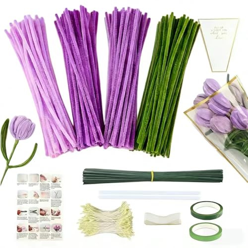 400 Stück Pfeifenputzer Blumen Set mit Anleitung, Pfeifenreiniger Zum Basteln, Pipe Cleaner Flower Set, Mit Blumenstöcke, Klebebandrollen, Bänder, Staubgefäße Etc, Für DIY Basteln Und Dekorieren