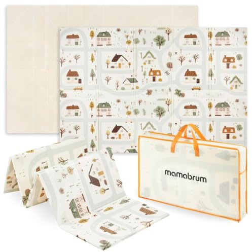 Mamabrum Alfombra de Juego Bebé Plegable con Bolsa de Transporte, Alfombra Reversible de Espuma, 180x120x1 cm, Acolchada Antideslizante e Impermeable, Diseño Ciudad/Beige