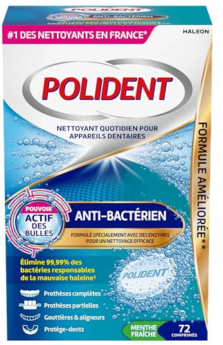 POLIDENT Nettoyant Antibactérien Pour Prothèses Dentaires Complètes ou Partielles - Elimine les Bactéries Responsables de la Mauvaise Haleine - 72 Comprimés