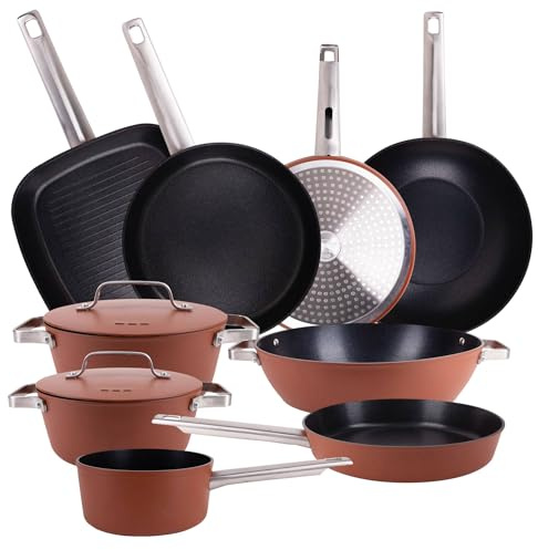 San Ignacio AGROS Batería de Cocina de 9 Pzs en Aluminio Forjado - Sartenes, Cacerolas con Tapa, Wok, Asador, Cazo y Tartera – Rendimiento y Diseño