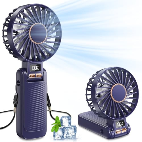Handheld Fan, 5 Speed & 20H Cooling Time Portable Fan, 4500mAh USB Rechargeable Mini Fan with LED Display, Powerful but Quiet, Foldable Desk Fan, Lanyard for Neck Fan, for Travel/Office/Camping/Home