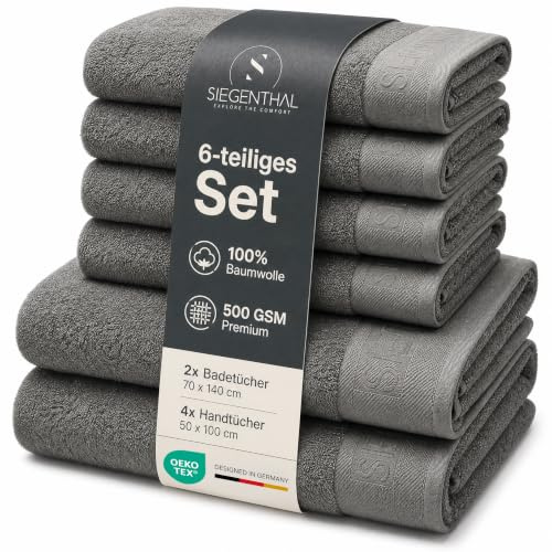 SIEGENTHAL® Handtuch Set 6-teilig aus 100% Baumwolle – 2 Badetücher 70x140 cm & 4 Handtücher 50x100 cm für Bad & Gäste-WC, Weich, Saugstark, Schnelltrocknend - Dunkelgrau