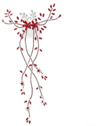 Rhinestone Hair Comb with Leaf & Tassel, Handmade Alloy Vine Bridal Headpiece for Wedding, Prom, Party, Elegant Hair Accessory, Red