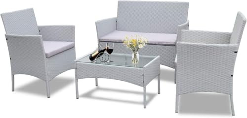 bigzzia - Juego de Muebles de Patio, Sofá Seccional para Todo Tipo de Clima, Tejido Manual, Mimbre y Ratán, Juego de Conversación para Patio con Cojín y Mesa de Vidrio