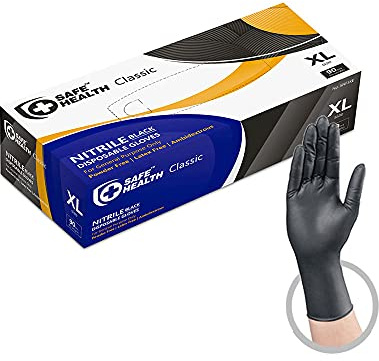 Safe Health Nitrile Disposable Gloves Extra Large Latex Free Powder Free, Textured, 3.5 mil, Multi-Purpose Food Safe, Industrial, Tattoo, Salon, Hair, Auto, Car, Cleaning Cooking XL Black (Box of 100)