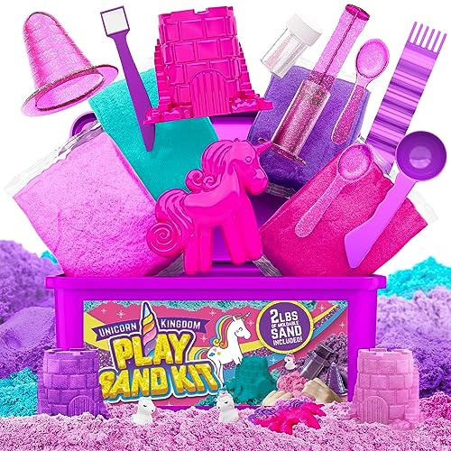 GirlZone Regalo Ragazza Kit Sabbia Bambini Regno degli Unicorni, 0,9 Kg di Sabbia Modellabile per Bimba con Tantissimi Colori, 7 Accessori e Valigetta, Sabbia per Bambina