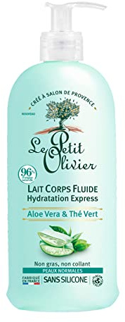 LE PETIT OLIVIER - Lait Corps Fluide Hydratation Express - Aloe Vera & Thé Vert - Hydrate & Rafraîchit - Peaux Normales - 97% d'Origine Naturelle - Sans Silicone - Fabriqué en France - 250 ml