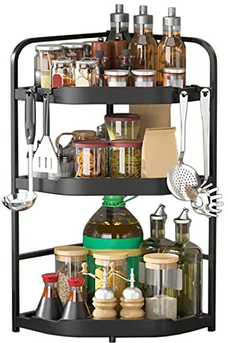 WALLDOR Cucina Scaffale Ad Angolo Acciaio Inossidabile Portaspezie Triangolare da Appoggio Nero Scaffale per Condimenti Montaggio A Parete Portaoggetti in Piedi con 4 Ganci,3 Tier