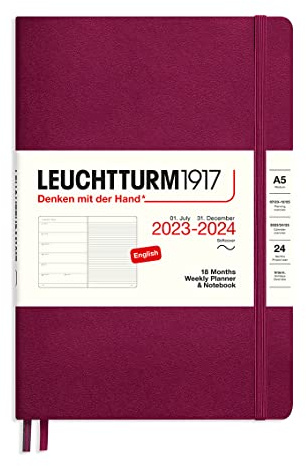 LEUCHTTURM1917 367862 Weekly Planner & Notebook Softcover Medium (A5) 2024, 18 months, Port Red, English