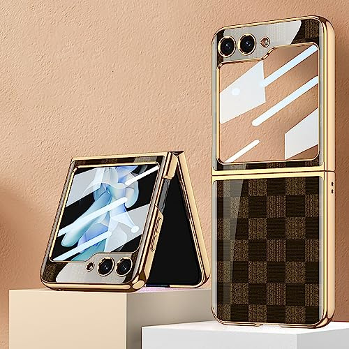 COQUE Galaxy Z Flip 5 5G Hülle,ultradünnes 9H Glas glänzend lackierte Handyhülle,Faltbare Handyhülle für Samsung Galaxy Z Flip 5 5G-Kariertes Braun