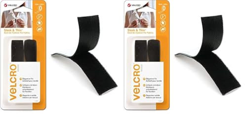 VELCRO Brand Sleek & Thin Stick On Fastener for Fabrics Strong Sticky Hook & Loop Self Adhesive Fastener Perfect for Crafting, Clothing Repairs & Hemming Black 19mm x 60cm (Pack of 2)