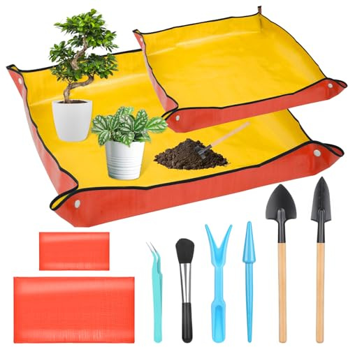 2 Stück Umtopfmatte zum Umpflanzen von Pflanzen, 99cm große Gartenmatte und 66cm orangefarbene Topfmatte für den Innenbereich, dickere Topfschale mit Pflanzenzubehör, faltbare wasserdichte Pflanzmatte