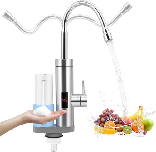Neulriscn Instant Hot Water Tap, 220V 3000W Electric Water Heater Faucet with Automatic Soap Dispenser, 360° Rotatable, Stainless Steel Kitchen Sink Mixer Tap with LED Digital Display for Bathroom