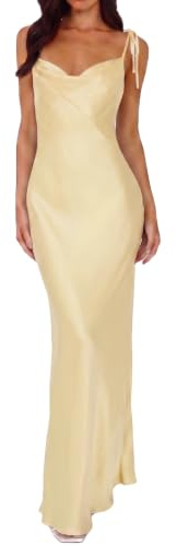 UEZOU 2026 Satin Cowl Neck Spaghetti Strap Slip Maxi Dress for Women Tie Strap Formal Wedding Guest Dresses with Slit, Yellow, XS
