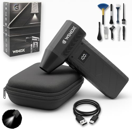 Windx Mini souffleur d'air premium batterie, ultra puissant air duster, étui transport rigide, 10 000mah, usb-c, dépoussiérant pc, voiture, meubles, établi, detailling, cadeau fêtes des pères