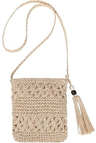 Diyxisk Strohtaschen Damen Retro Strandtasche Damen Stroh Strandtasche mit Quasten Flechttasche Boho Tasche Hohle Freizeit Umhängebeutel, für Damenreisen und Urlaub (Beige)