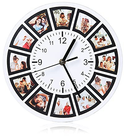 Glimmerday Wooden Wall Clock - Personalized with 12 Photos - Quiet, no Ticking - 25 cm Ø - Design for Living Room, Bedroom & Kitchen - Gift for Mom, Dad, Friends & Family