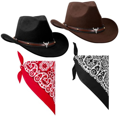 ViEinkaufen 2Pcs Cowboy Hats Black Brown, Cowboy Hat Western Hat Set Fancy Dress Party Accessory for Women Men Halloween Birthday Cosplay Party (Black+Brown 5#)